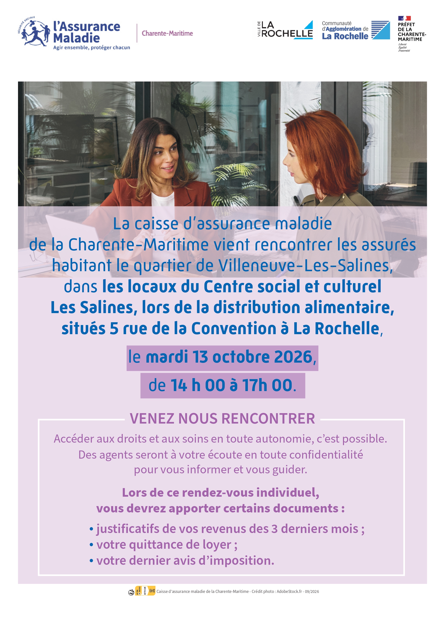 Affiche de l'événement Permanence Assurance Maladie — accès aux droits (Villeneuve-les-Salines)